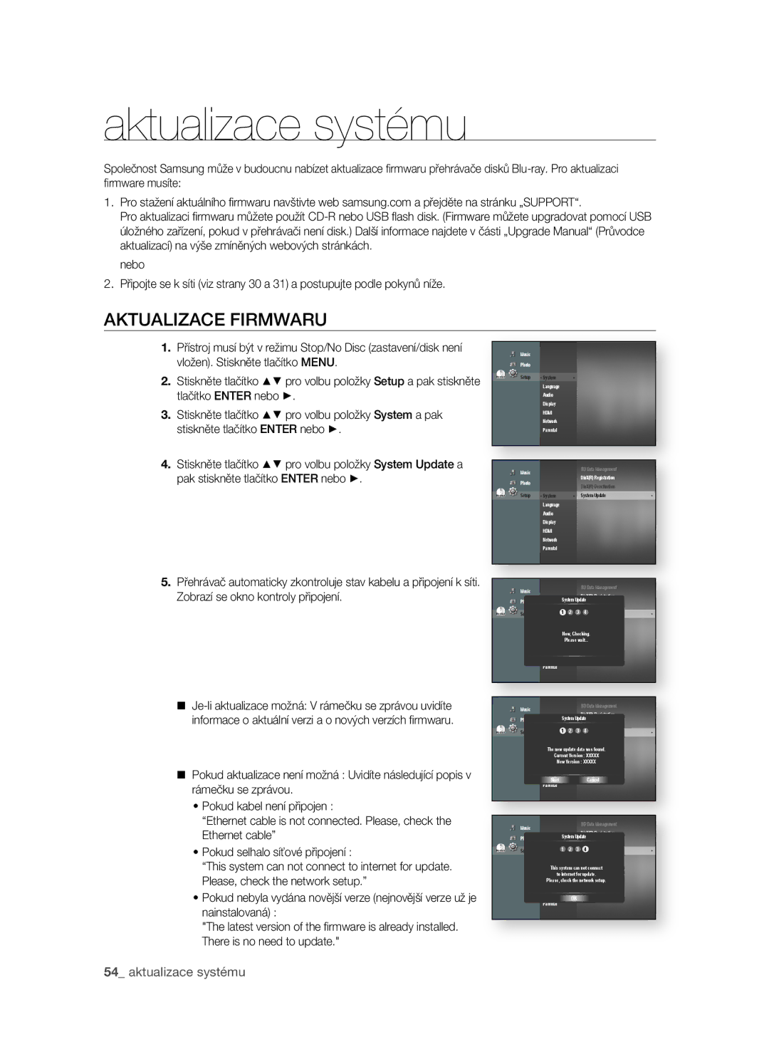 Samsung BD-P1580/EDC manual Aktualizace systému, AKTUaLIZaCE fIrMWarU 