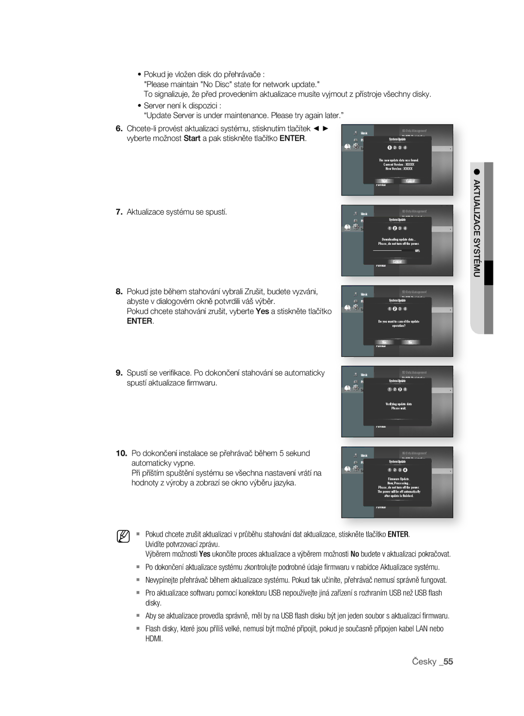 Samsung BD-P1580/EDC manual . Aktualizace systému se spustí, Spustí aktualizace fi rmwaru 