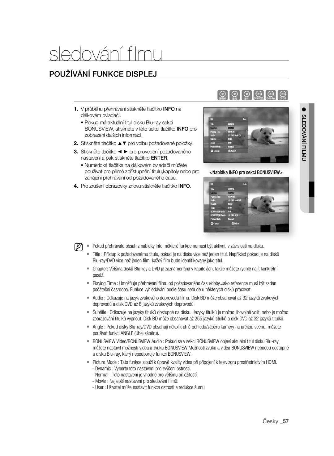 Samsung BD-P1580/EDC manual Sledování ﬁ lmu, PoUŽíVání fUnKCE DIsPLEJ 