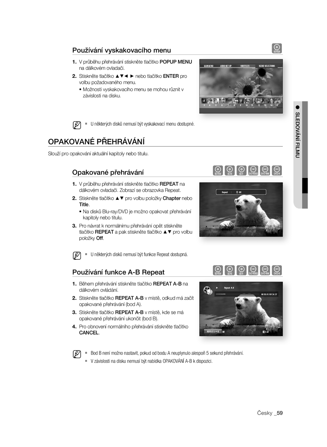 Samsung BD-P1580/EDC OPaKoVané PřEhráVání, Používání vyskakovacího menu, Opakované přehrávání, Používání funkce a-B repeat 