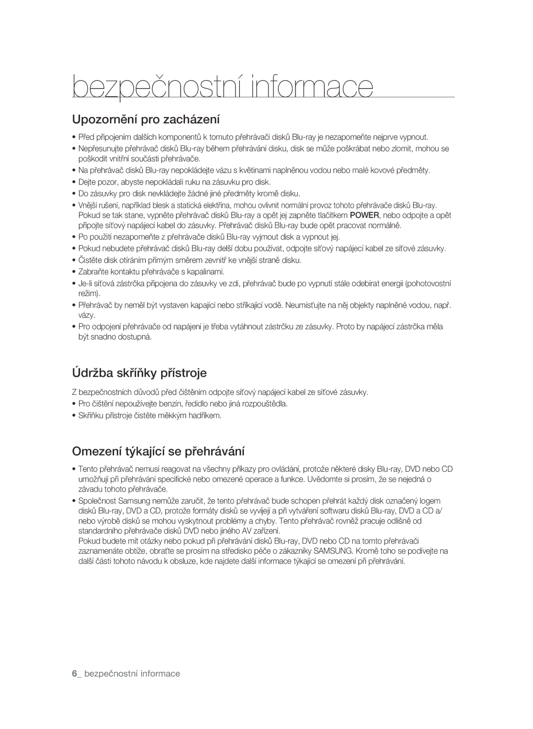 Samsung BD-P1580/EDC manual Upozornění pro zacházení, Údržba skříňky přístroje, Omezení týkající se přehrávání 