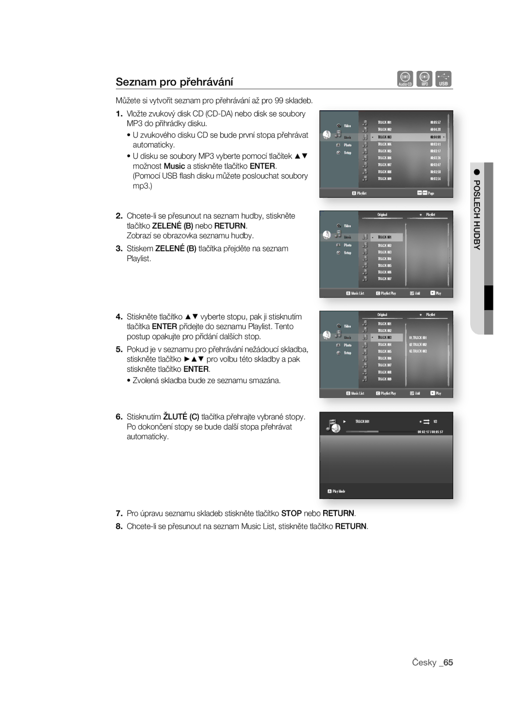 Samsung BD-P1580/EDC manual Seznam pro přehrávání, PosLECh hUDBy 