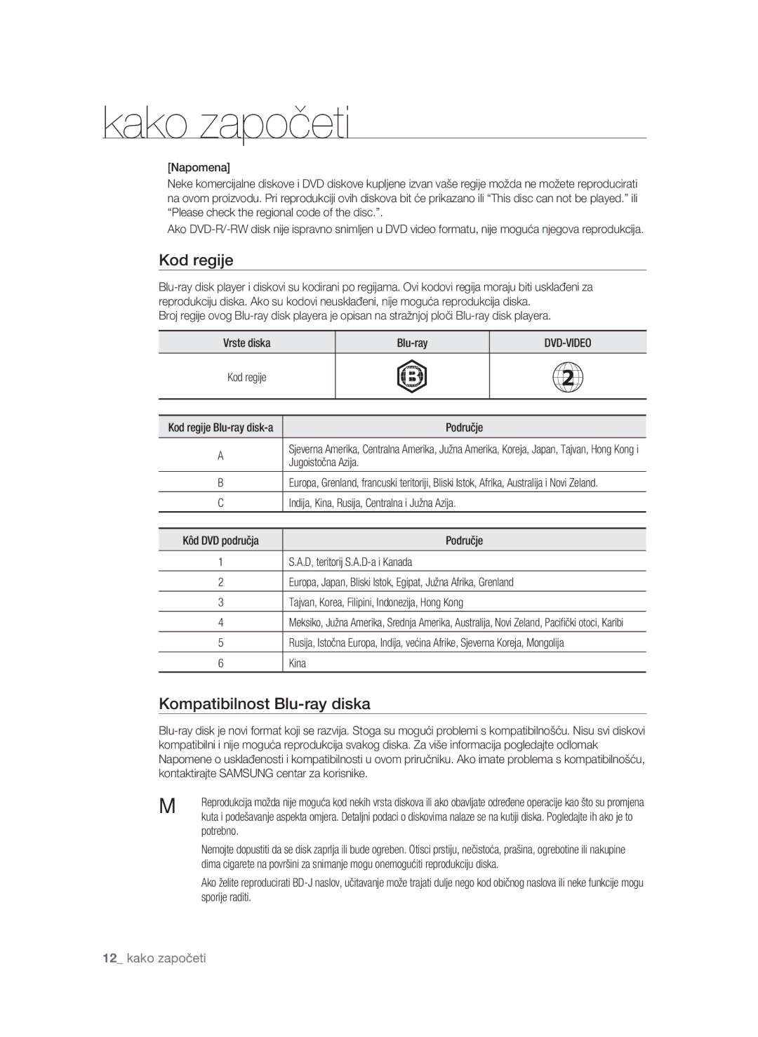 Samsung BD-P1580/EDC manual Kod regije, Kompatibilnost Blu-ray diska, Napomena, Potrebno, Sporije raditi 