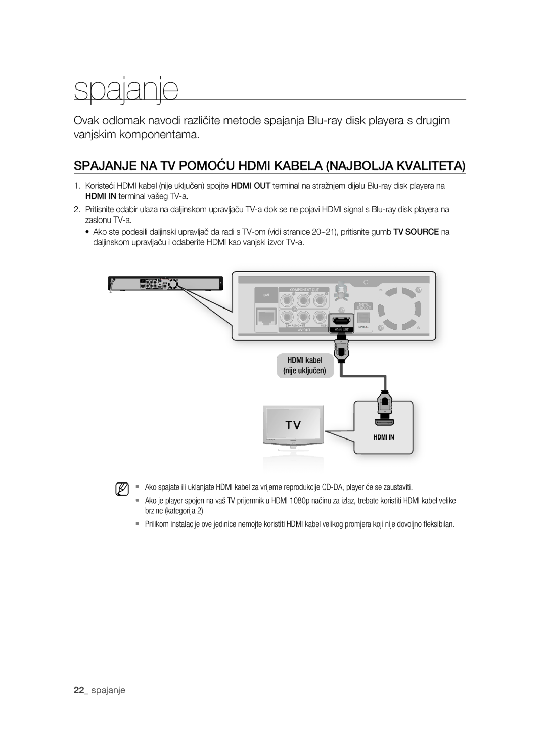 Samsung BD-P1580/EDC manual Spajanje NA TV Pomoću Hdmi Kabela Najbolja Kvaliteta 