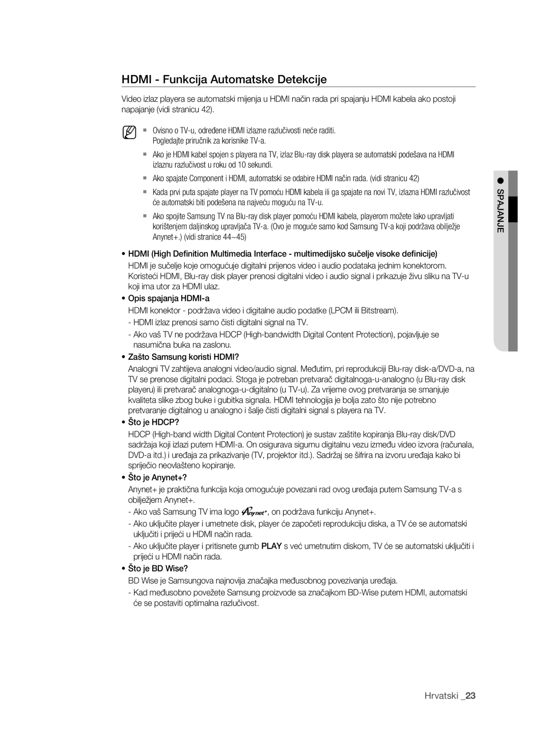 Samsung BD-P1580/EDC manual Hdmi Funkcija Automatske Detekcije, Pogledajte priručnik za korisnike TV-a 