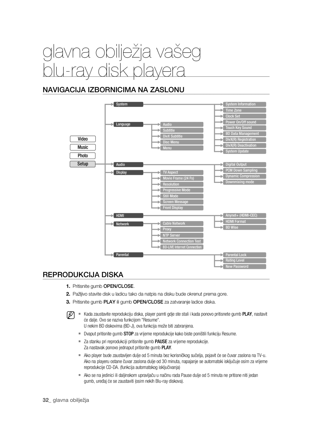 Samsung BD-P1580/EDC manual Navigacija Izbornicima NA Zaslonu, Reprodukcija Diska 