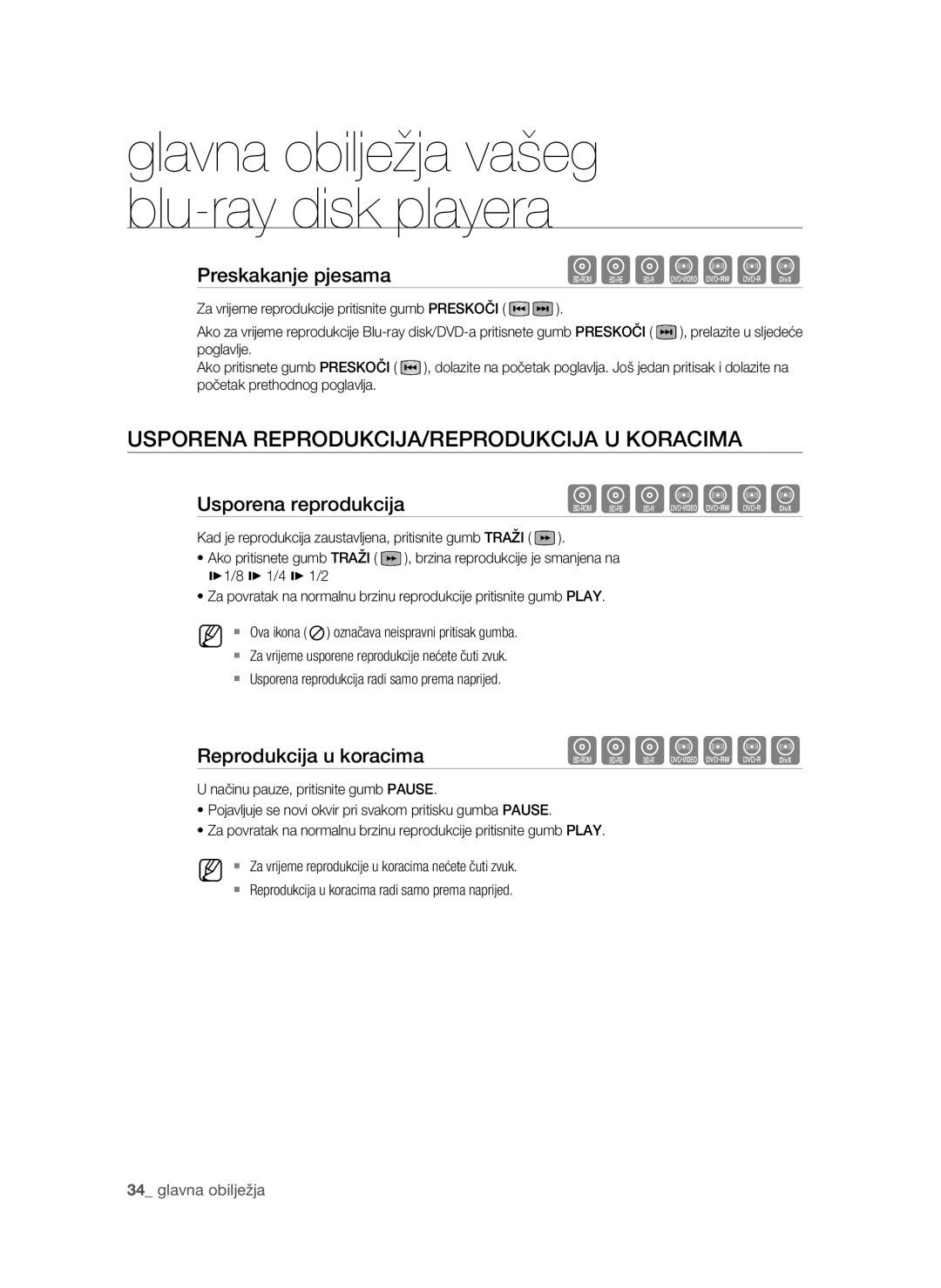 Samsung BD-P1580/EDC manual Usporena REPRODUKCIJA/REPRODUKCIJA U Koracima, Preskakanje pjesama, Usporena reprodukcija 