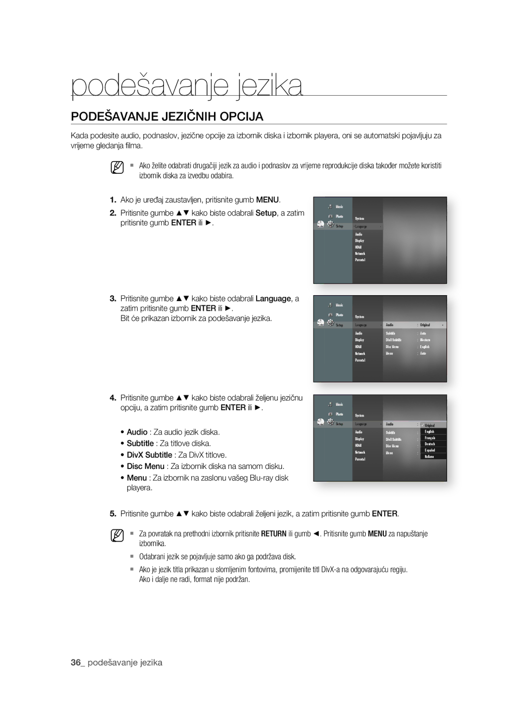 Samsung BD-P1580/EDC manual Podešavanje jezika, PoDeŠAVAnje jezIČnIH opcIjA 