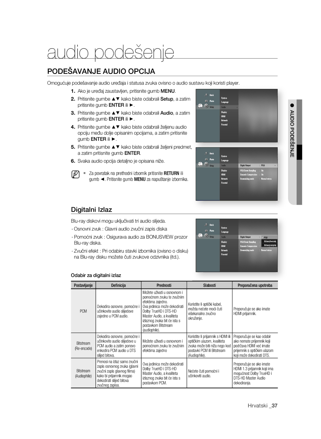 Samsung BD-P1580/EDC Audio podešenje, PoDeŠAVAnje AUDIo opcIjA, Digitalni Izlaz, Blu-ray diska, Odabir za digitalni izlaz 