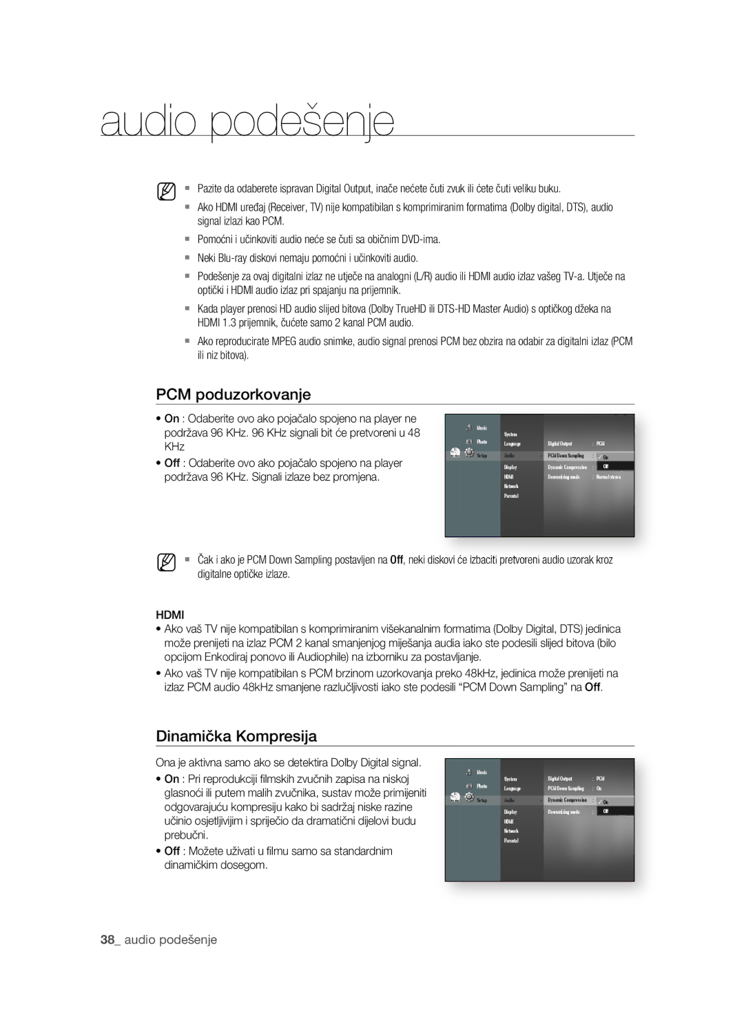 Samsung BD-P1580/EDC manual PcM poduzorkovanje, Dinamička Kompresija, Digitalne optičke izlaze, Hdmi 