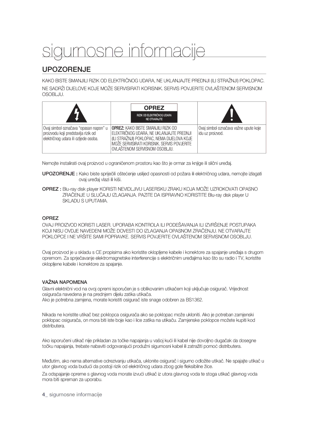 Samsung BD-P1580/EDC manual Sigurnosne informacije, Upozorenje, Idu uz proizvod, Oprez, Važna Napomena 