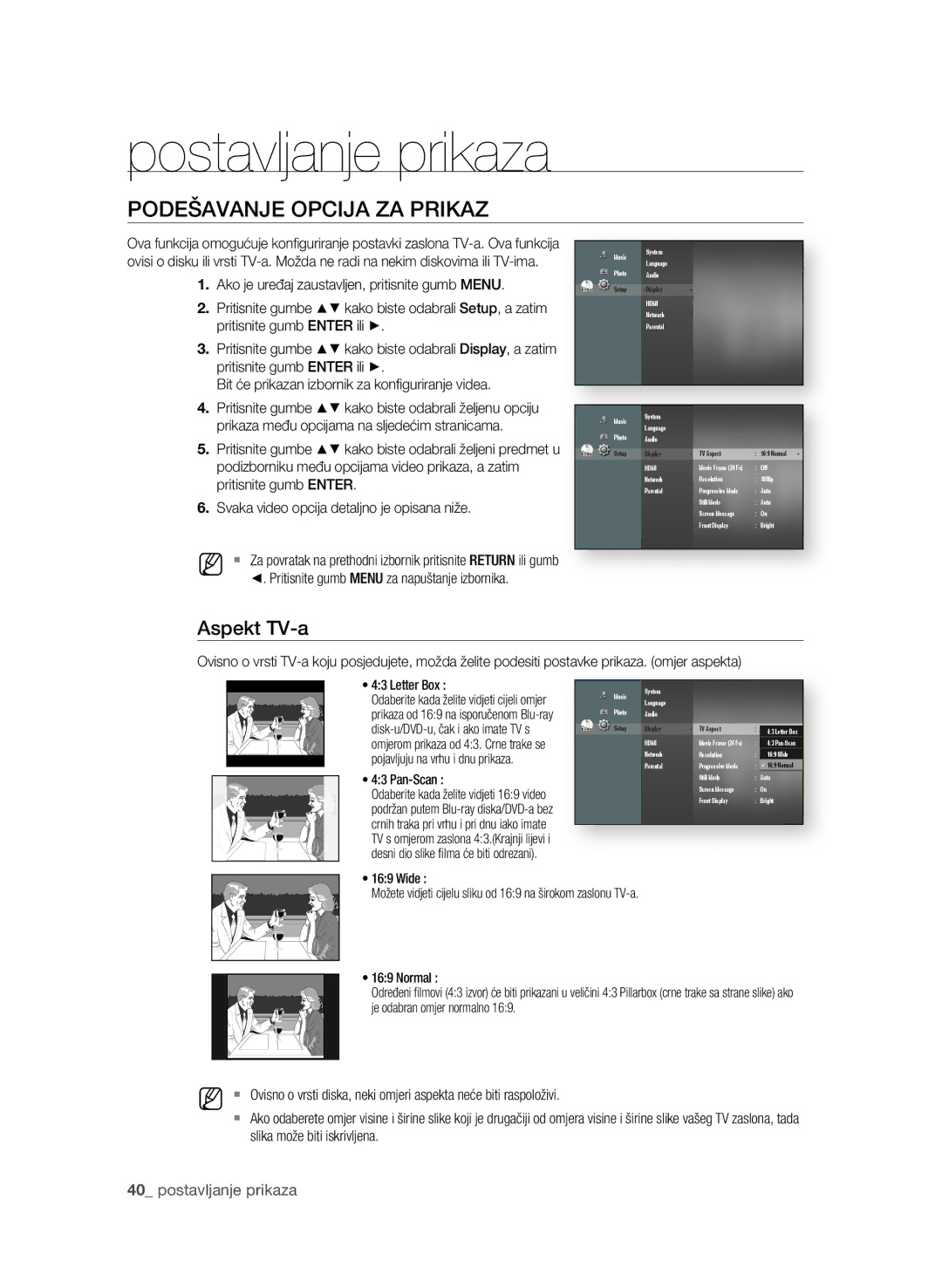 Samsung BD-P1580/EDC manual Postavljanje prikaza, PoDeŠAVAnje opcIjA zA prIKAz, Aspekt TV-a 