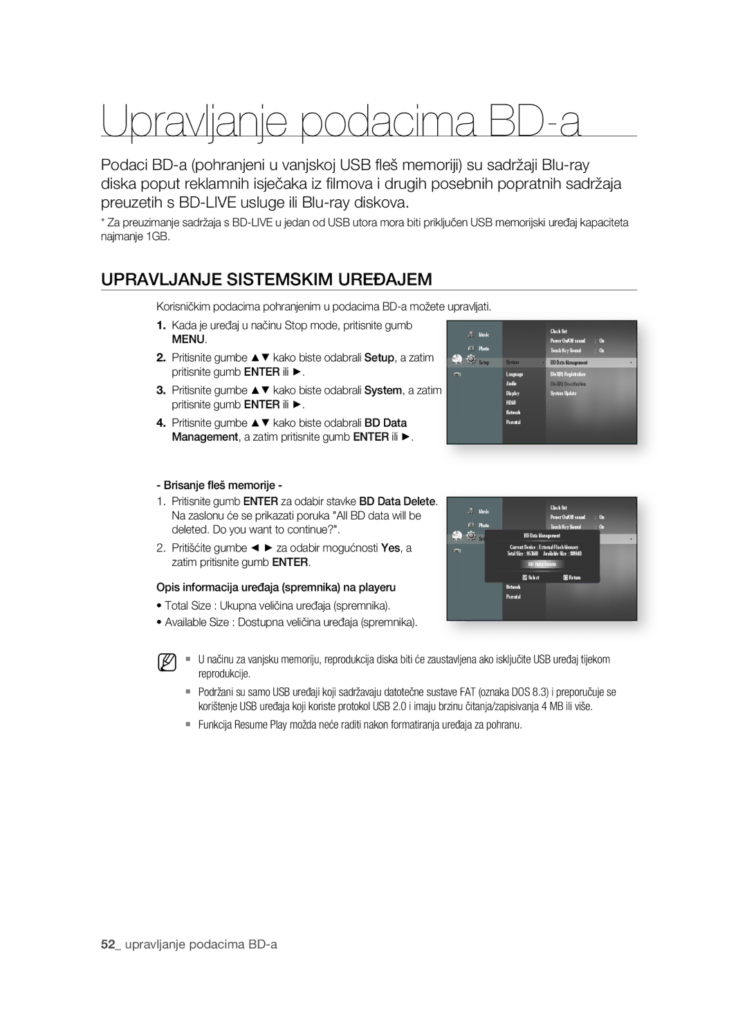 Samsung BD-P1580/EDC manual Upravljanje podacima BD-a, UprAVLjAnje sIsTeMsKIM UreĐAjeM 