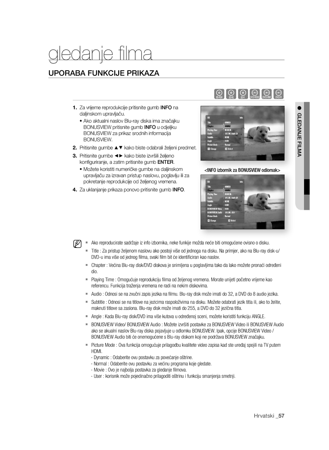 Samsung BD-P1580/EDC manual Gledanje ﬁ lma, UporAbA fUnKcIje prIKAzA, Bonusview 