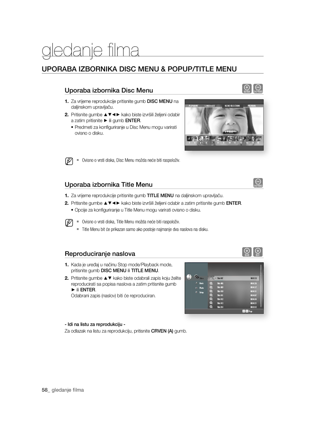 Samsung BD-P1580/EDC UporAbA IzbornIKA DIsc MenU & popUp/TITLe MenU, Uporaba izbornika Disc Menu, Reproduciranje naslova 