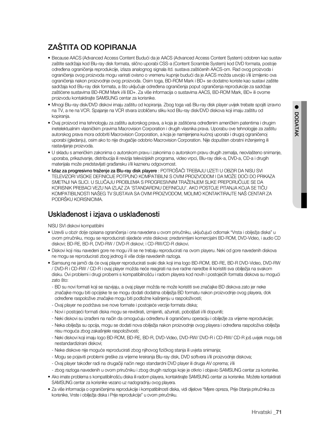 Samsung BD-P1580/EDC manual Zaštita OD Kopiranja, Usklađenost i izjava o usklađenosti 