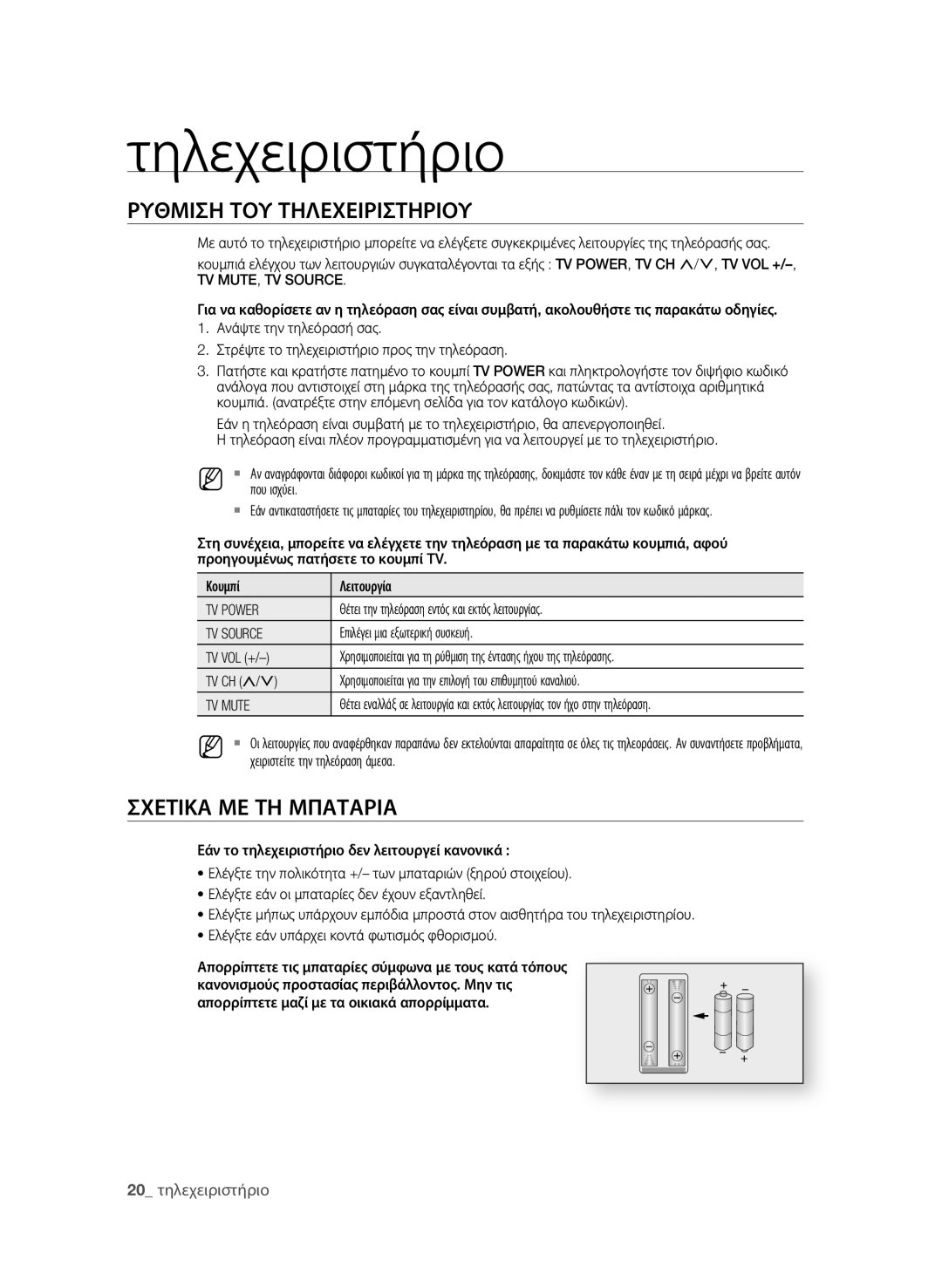 Samsung BD-P1580/EDC manual ρΥθΜιση ΤοΥ ΤηΛεΧειρισΤηριοΥ, σΧεΤιΚΑ Με Τη ΜΠΑΤΑριΑ, 20 τηλεχειριστήριο 