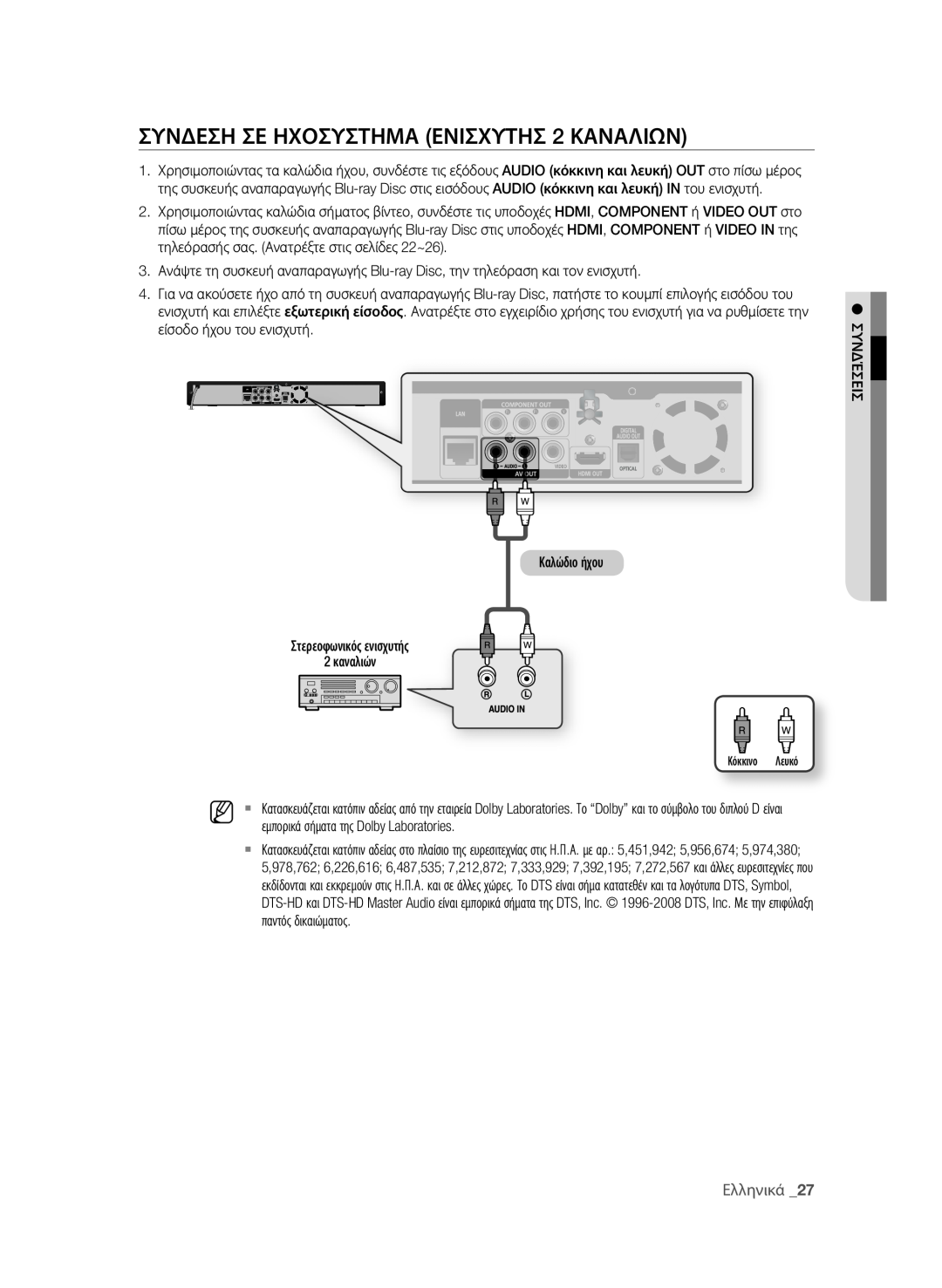 Samsung BD-P1580/EDC manual σΥΝδεση σε ηΧοσΥσΤηΜΑ εΝισΧΥΤησ 2 ΚΑΝΑΛιΩΝ, Ελληνικά 2, Λευκό 