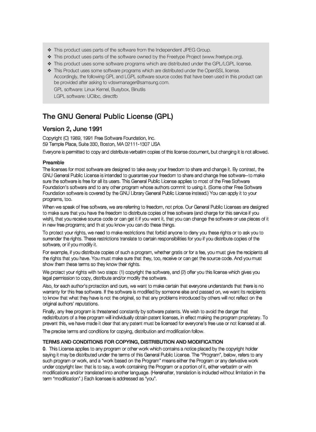 Samsung BD-P1580/EDC manual The GNU General Public License GPL, Version 2, June 