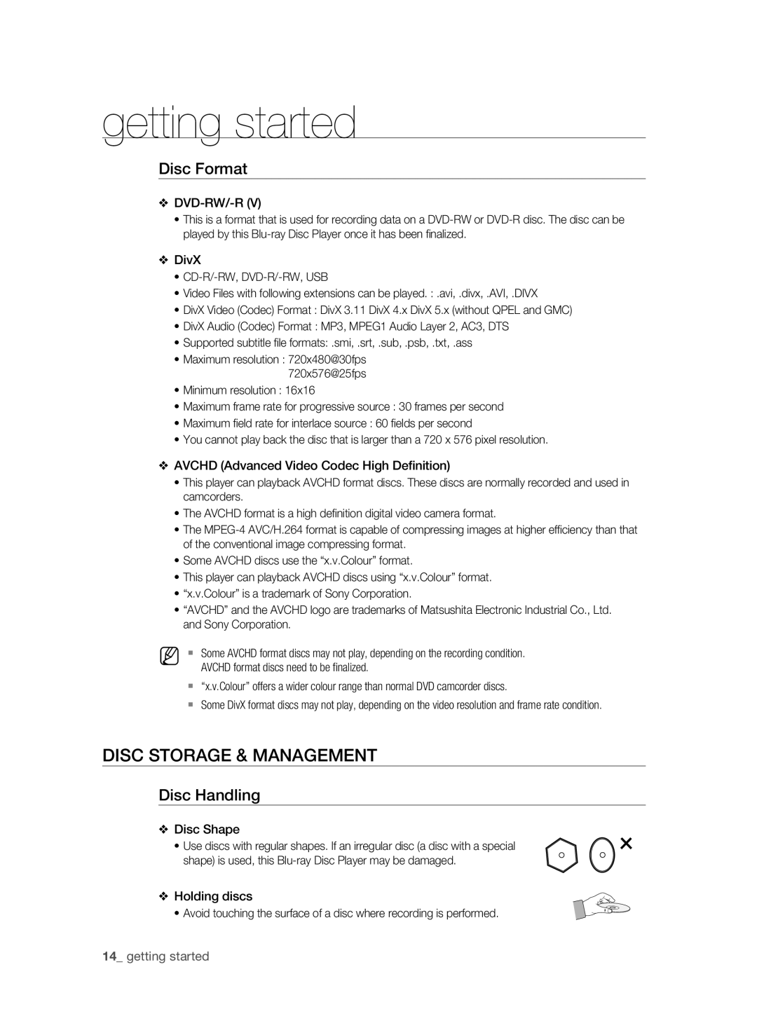 Samsung BD-P1580/XEF, BD-P1580/XEC manual Disc Storage & Management, Disc Format, Disc Handling, Cd-R/-Rw, Dvd-R/-Rw, Usb 