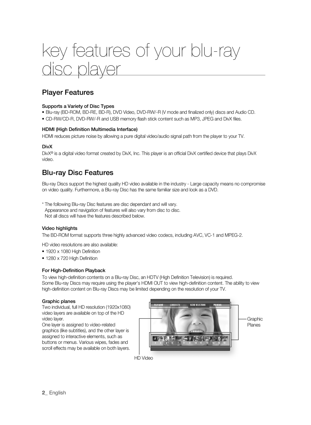 Samsung BD-P1580/XEF manual Key features of your blu-ray disc player, Player Features, Blu-ray Disc Features, HD Video 