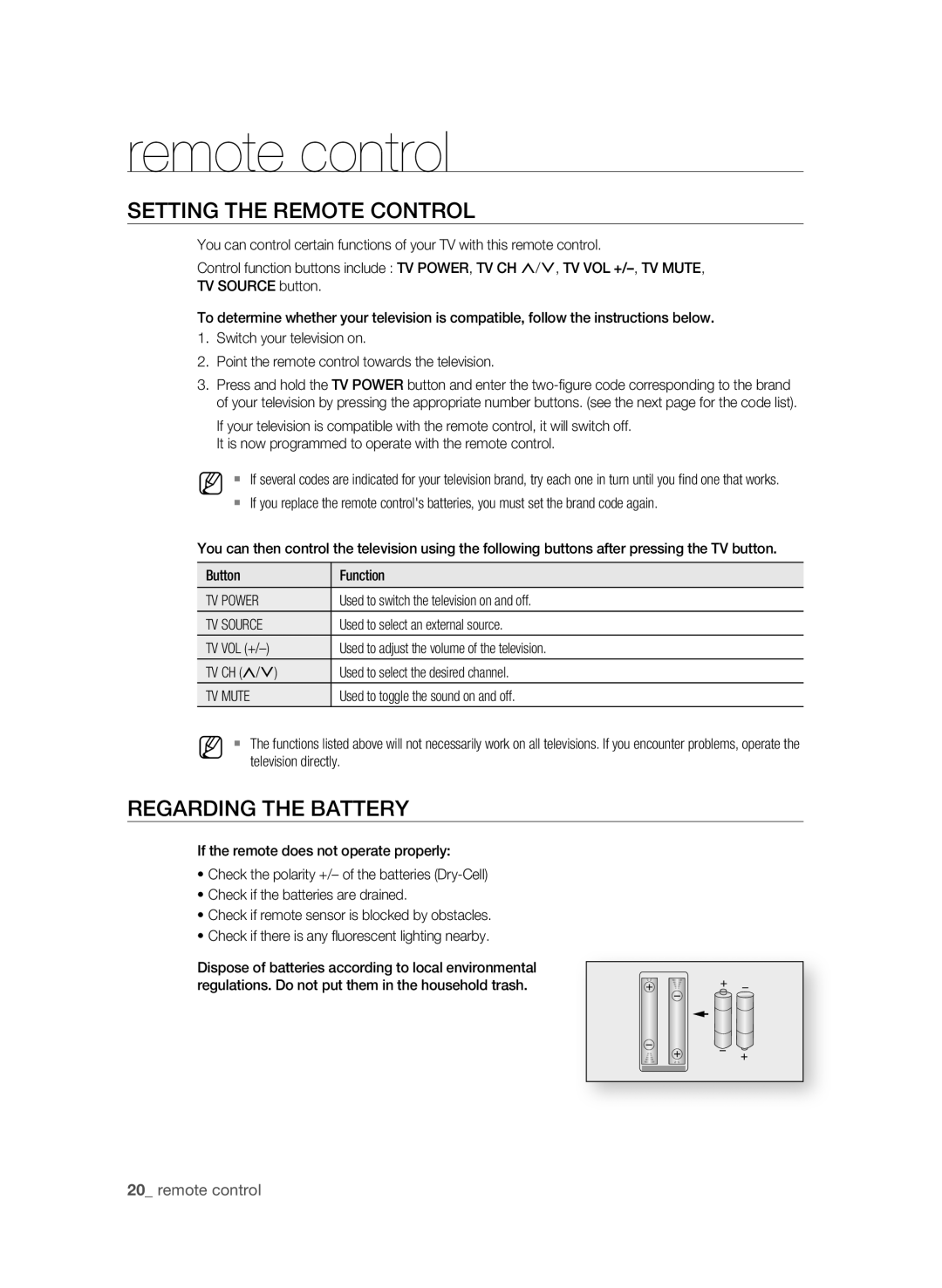 Samsung BD-P1580/XEC, BD-P1580/EDC manual SETTing the rEMOTE COnTrOL, REgarDing the BaTTErY, TV Power, TV Source, TV Mute 