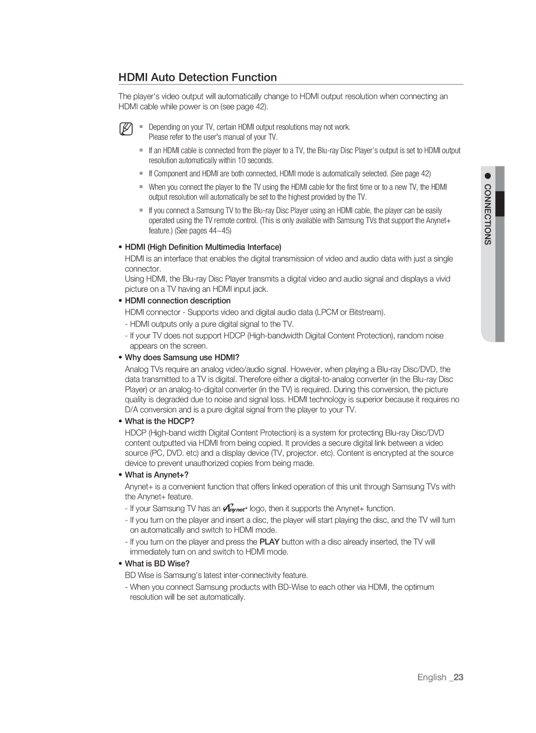 Samsung BD-P1580/XEE, BD-P1580/XEC, BD-P1580/EDC manual Hdmi Auto Detection Function, What is the HDCP?, SN IO Ectnnco 