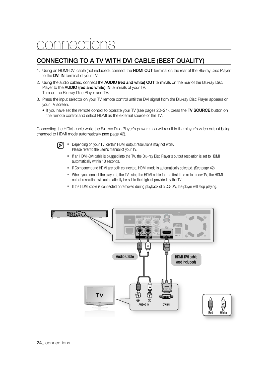 Samsung BD-P1580/XEC manual COnnECTing to a TV WiTH DVi CaBLE Best QUaLiTY, Automatically within 10 seconds, Audio Cable 