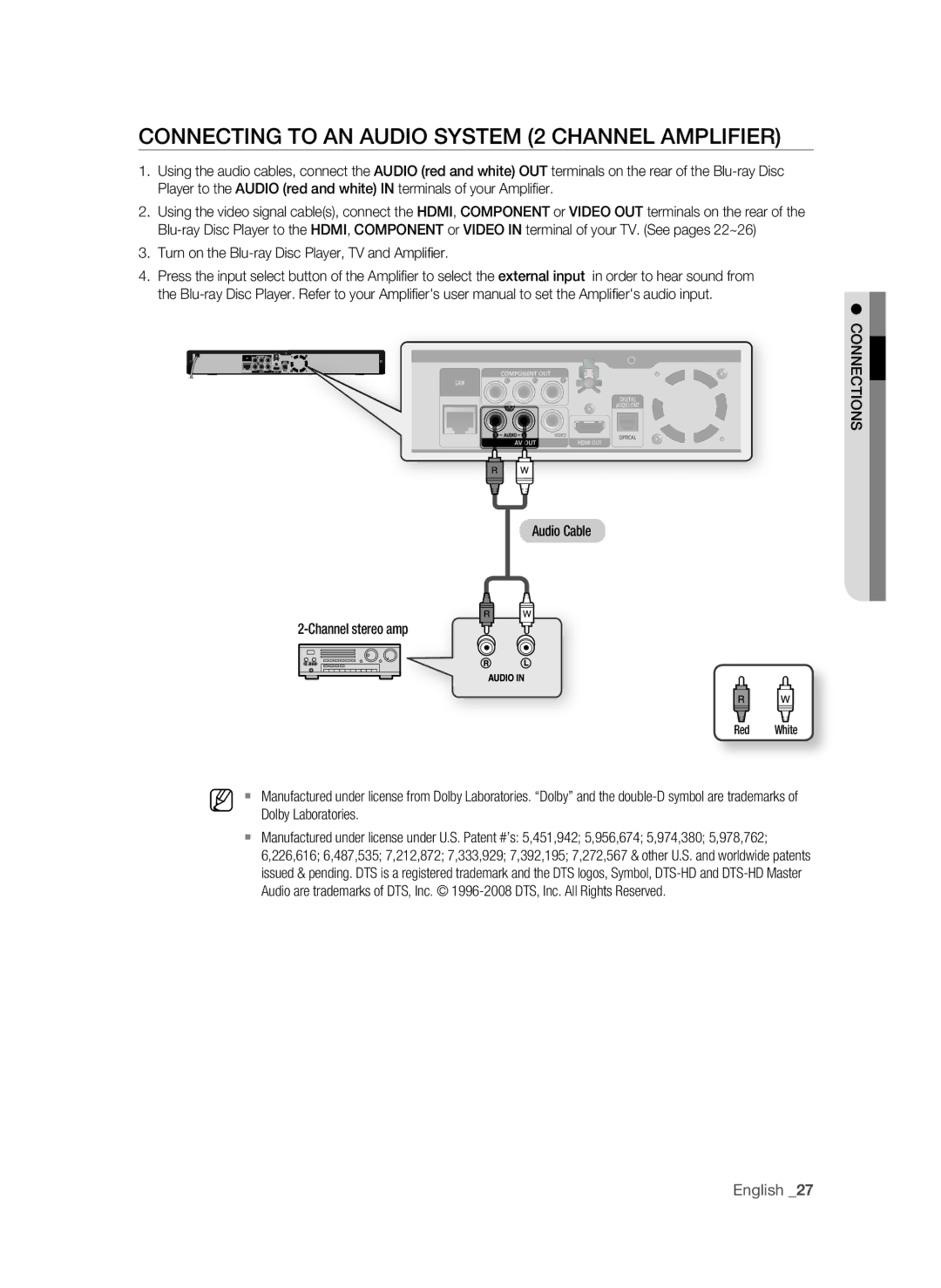 Samsung BD-P1580/XEE, BD-P1580/XEC, BD-P1580/EDC manual COnnECTing to an aUDiO System 2 CHannEL aMPLiFiEr, Dolby Laboratories 