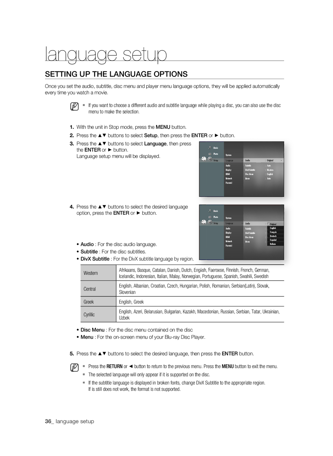 Samsung BD-P1580/XEC, BD-P1580/EDC, BD-P1580/XEF SETTing UP the LangUagE OPTiOnS, Language setup menu will be displayed 