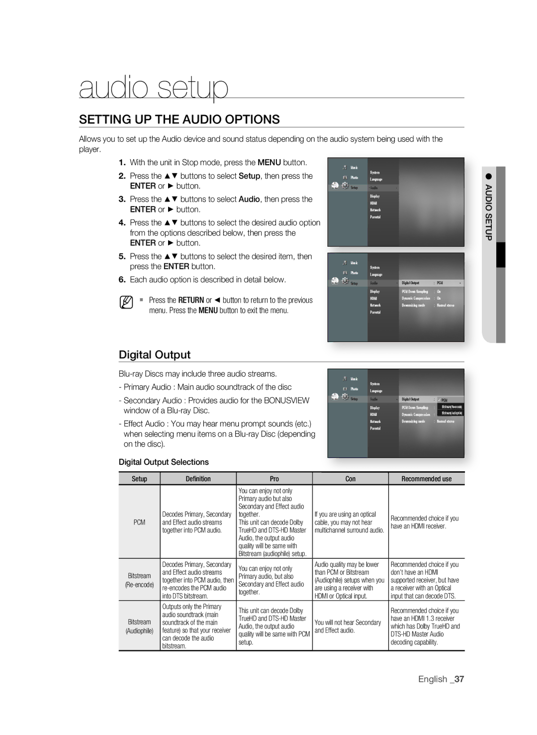 Samsung BD-P1580/EDC, BD-P1580/XEC, BD-P1580/XEF, BD-P1580/XEE Audio setup, SETTing UP the aUDiO OPTiOnS, Digital Output 