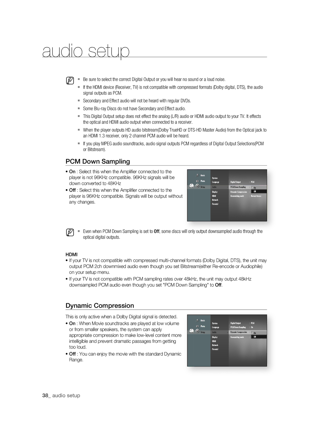 Samsung BD-P1580/XEF, BD-P1580/XEC, BD-P1580/EDC, BD-P1580/XEE manual PCM Down Sampling, Dynamic Compression 