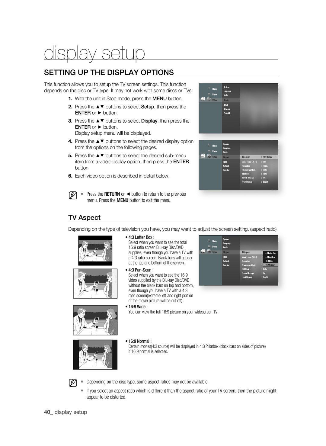 Samsung BD-P1580/XEC, BD-P1580/EDC, BD-P1580/XEF, BD-P1580/XEE manual Display setup, SETTing UP the DiSPLaY OPTiOnS, TV aspect 