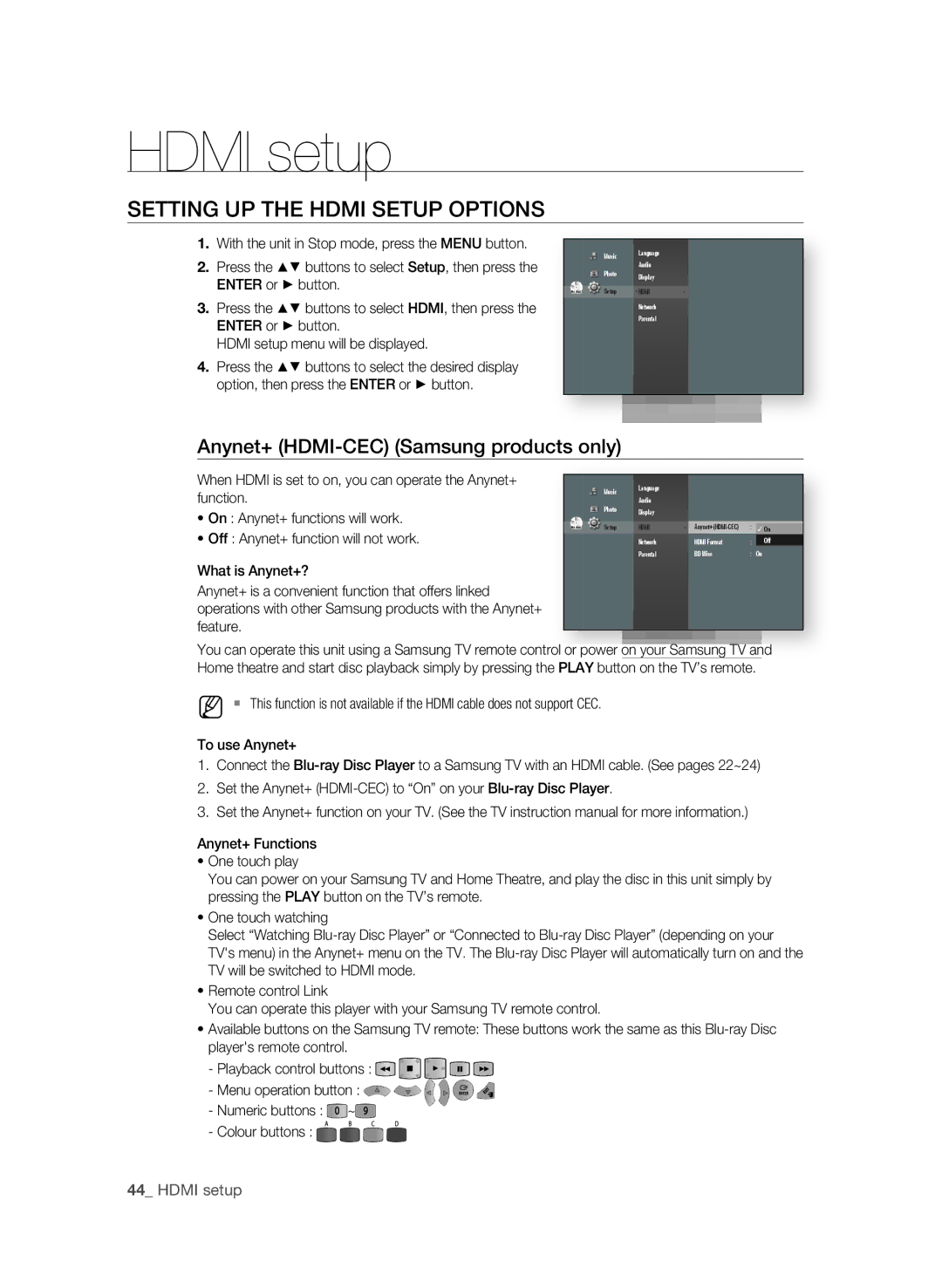 Samsung BD-P1580/XEC, BD-P1580/EDC Hdmi setup, SETTing UP the HDMi Setup OPTiOnS, Anynet+ HDMi-CEC Samsung products only 