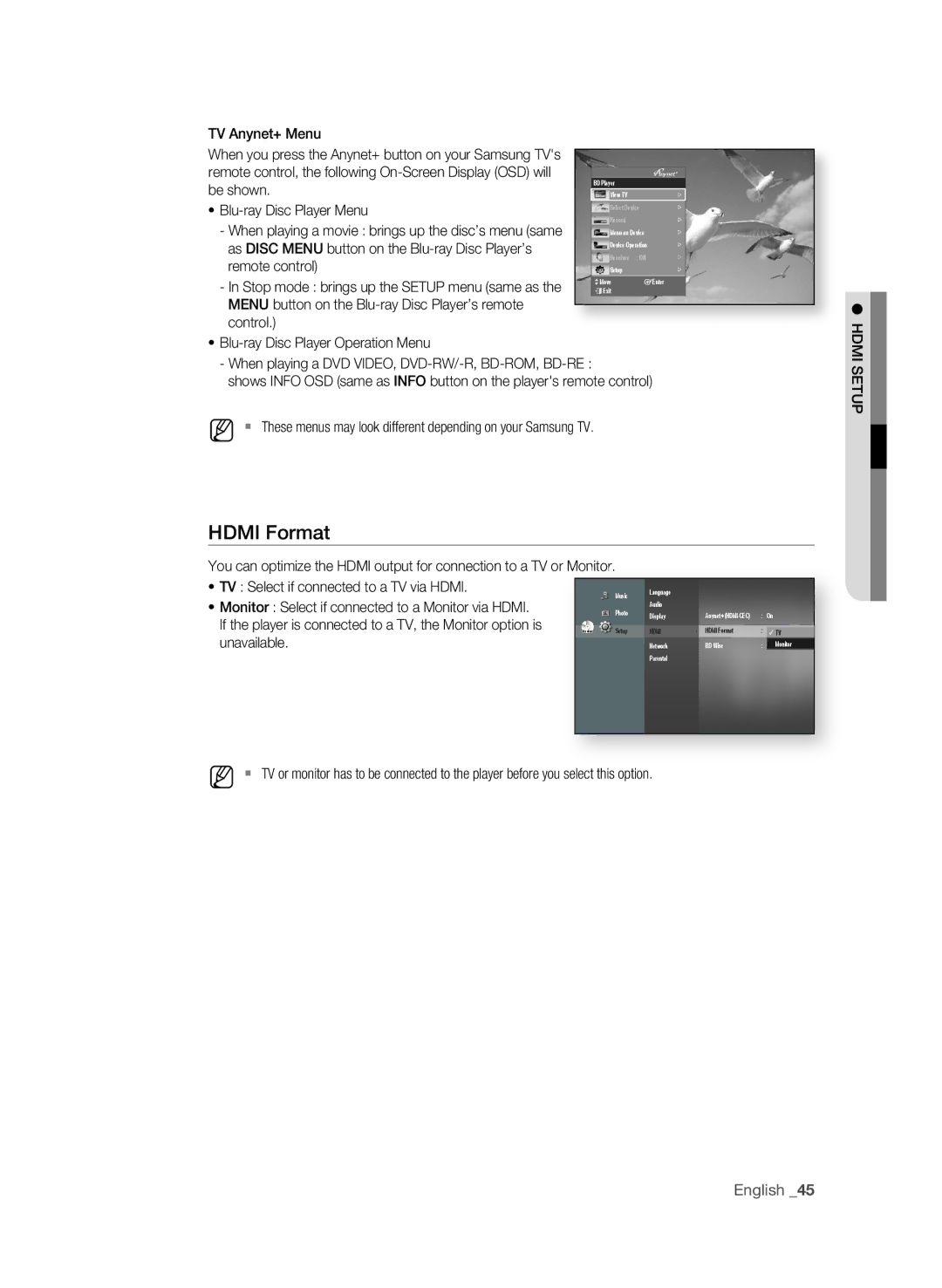 Samsung BD-P1580/EDC, BD-P1580/XEC, BD-P1580/XEF HDMi Format, TV Select if connected to a TV via Hdmi, Unavailable, Setup 