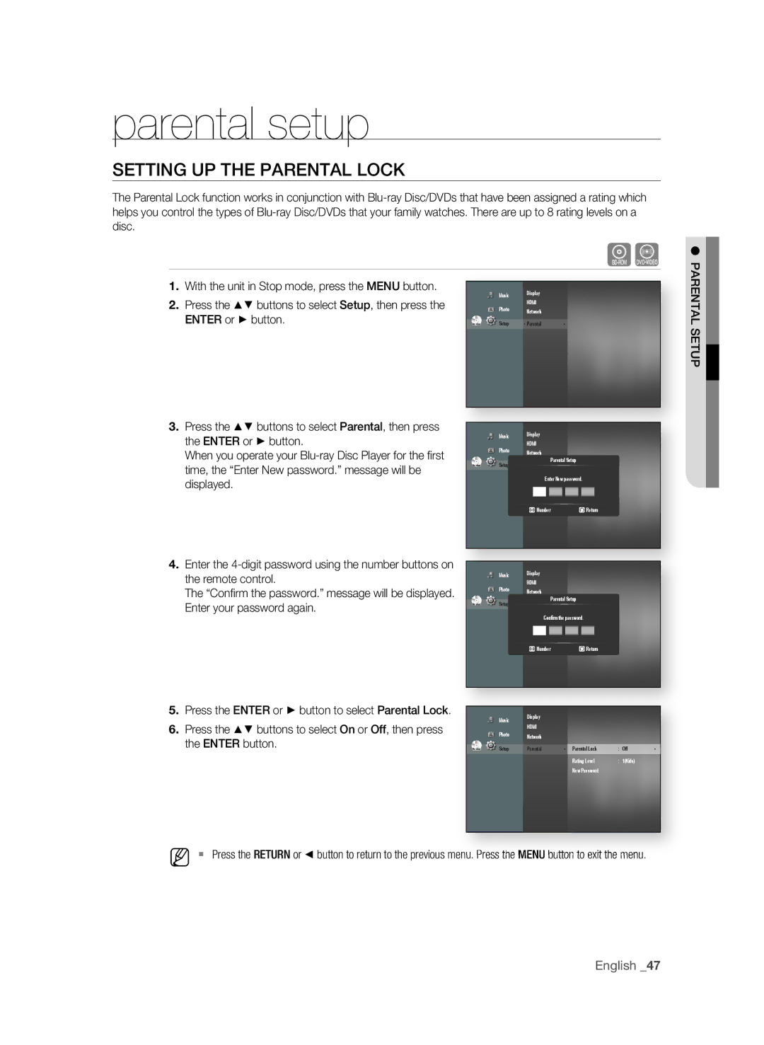 Samsung BD-P1580/XEE, BD-P1580/XEC, BD-P1580/EDC, BD-P1580/XEF Parental setup, SETTing UP the ParEnTaL Lock, EnTEr button 