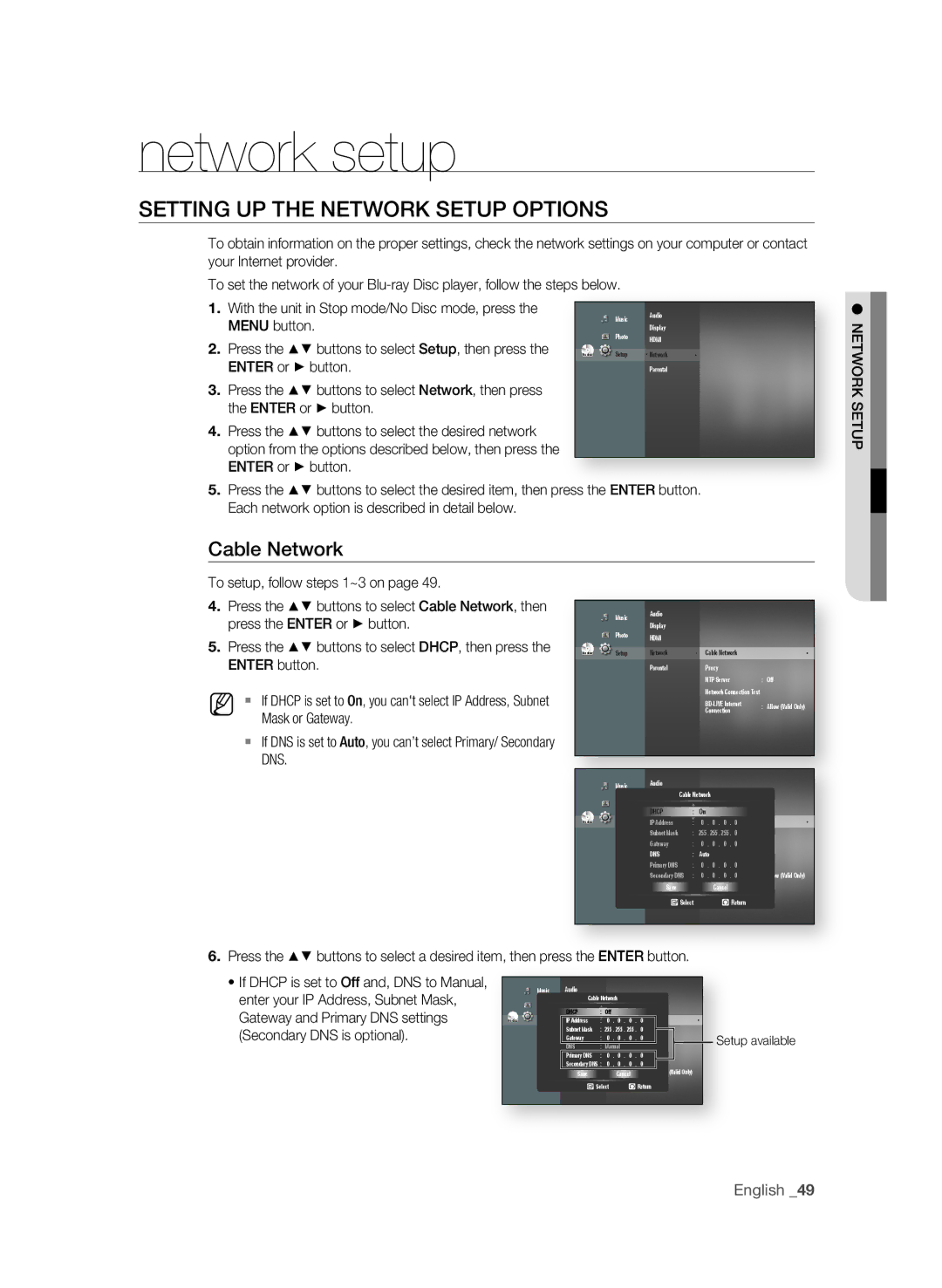 Samsung BD-P1580/EDC, BD-P1580/XEC Network setup, SETTing UP the nETWOrK Setup OPTiOnS, Cable network, MEnU button, Dns 