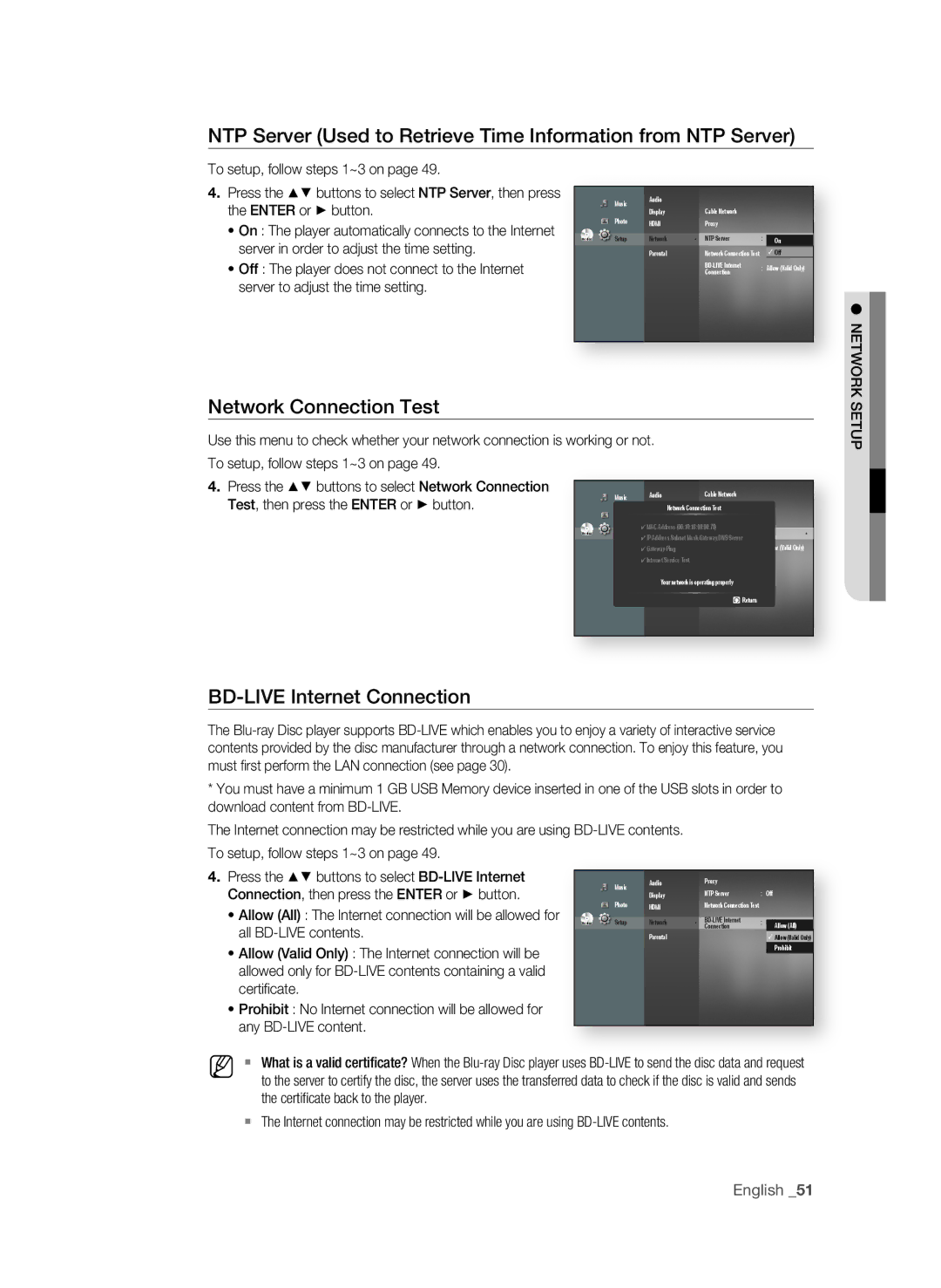 Samsung BD-P1580/XEE Network Connection Test, BD-LiVE internet Connection, Server in order to adjust the time setting 