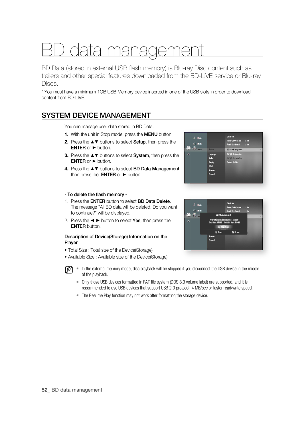 Samsung BD-P1580/XEC, BD-P1580/EDC, BD-P1580/XEF, BD-P1580/XEE manual BD data management, System DEViCE ManagEMEnT 