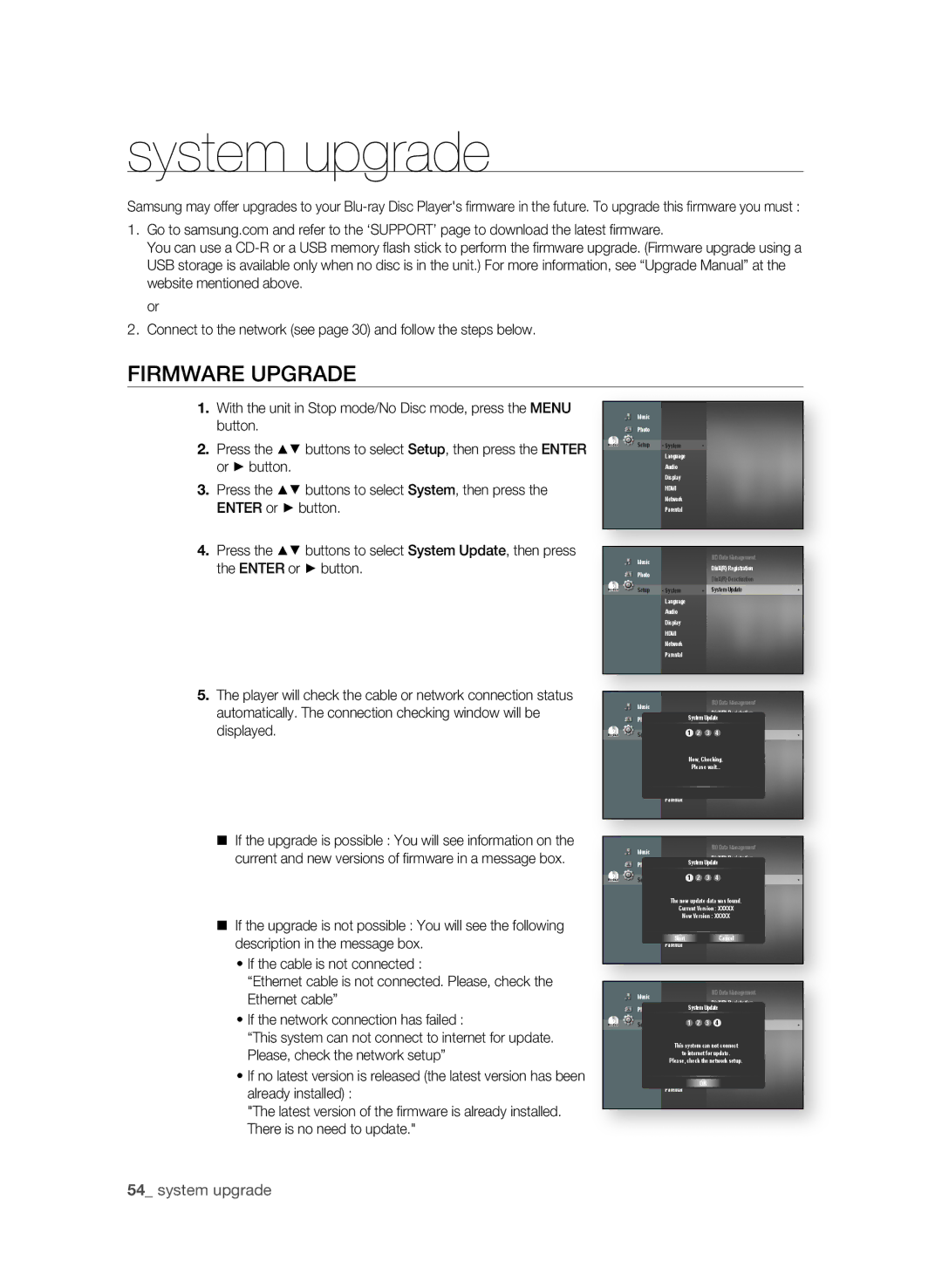 Samsung BD-P1580/XEF, BD-P1580/XEC, BD-P1580/EDC, BD-P1580/XEE manual System upgrade, FirMWarE UPgraDE 