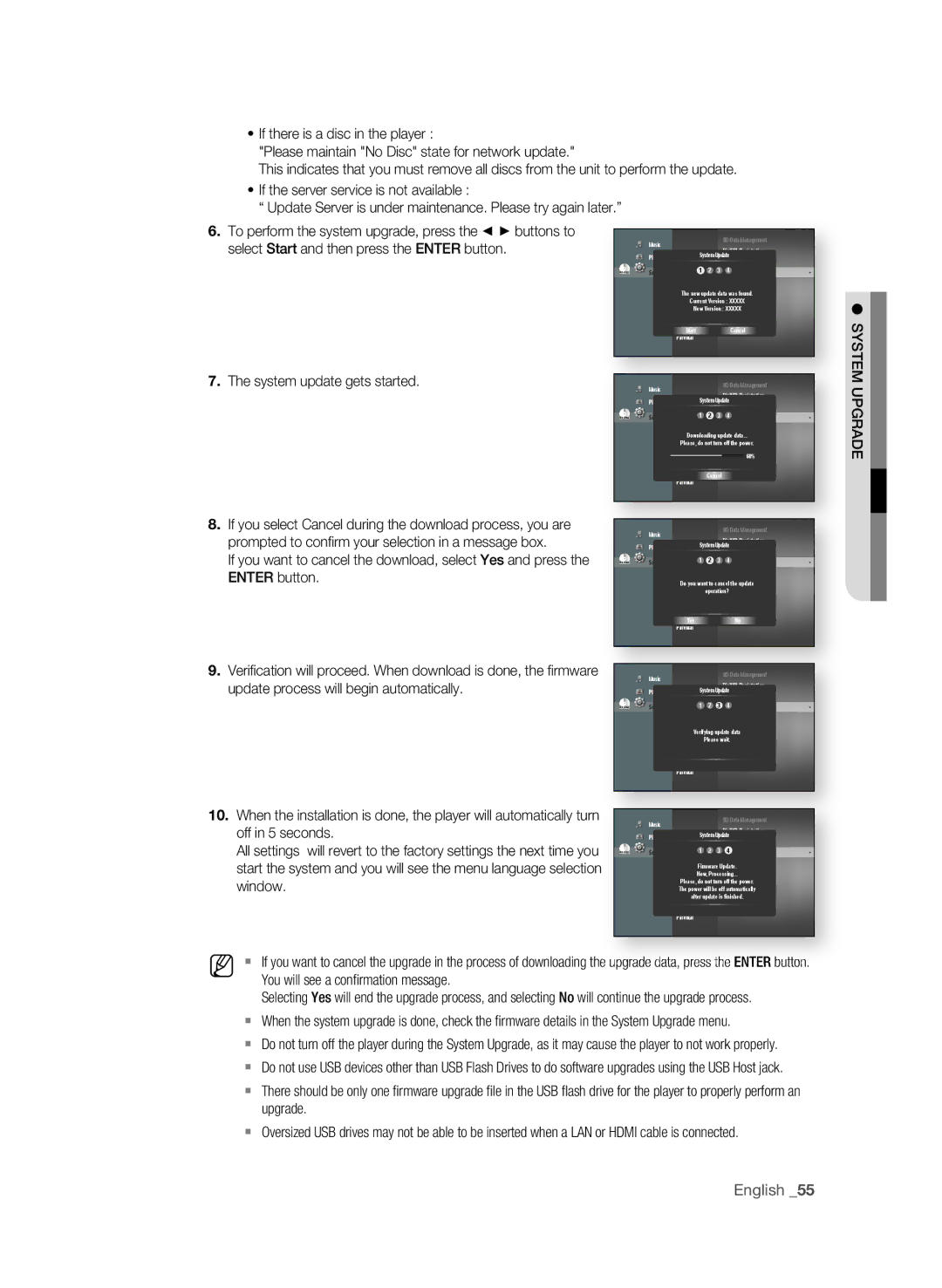 Samsung BD-P1580/XEE, BD-P1580/XEC manual . To perform the system upgrade, press the + buttons to, System, Off in 5 seconds 