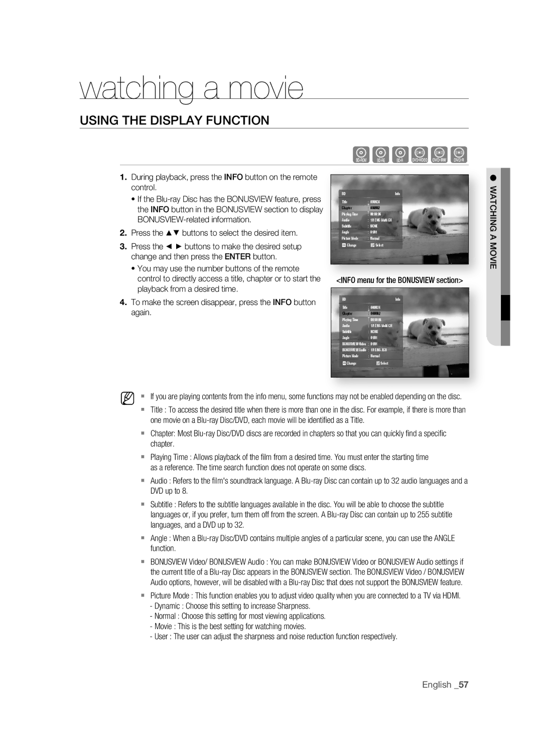 Samsung BD-P1580/EDC manual Watching a movie, USing the DiSPLaY FUnCTiOn, Press the buttons to select the desired item 