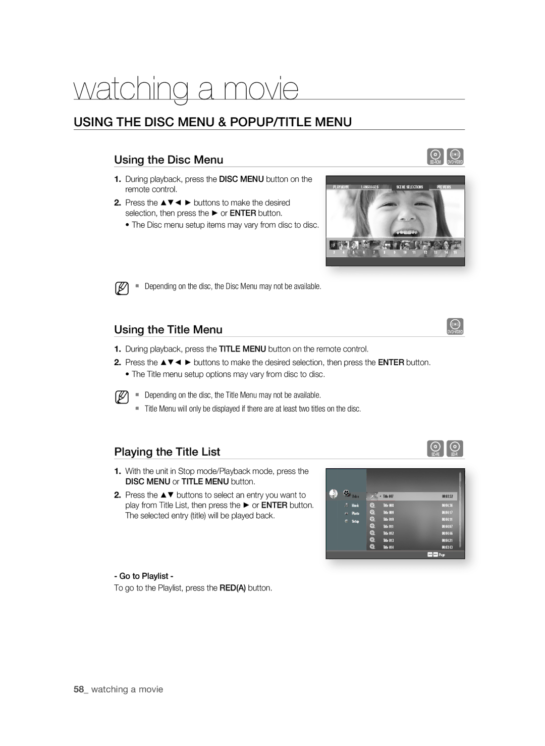 Samsung BD-P1580/XEF, BD-P1580/XEC manual USing the DiSC MEnU & POPUP/TiTLE MEnU, Using the Disc Menu, Using the Title Menu 