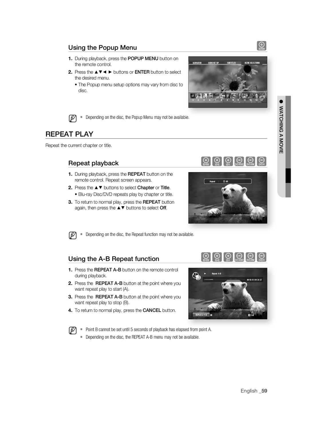 Samsung BD-P1580/XEE REPEaT PLaY, Using the Popup Menu, Repeat playback, Using the a-B repeat function, Remote control 