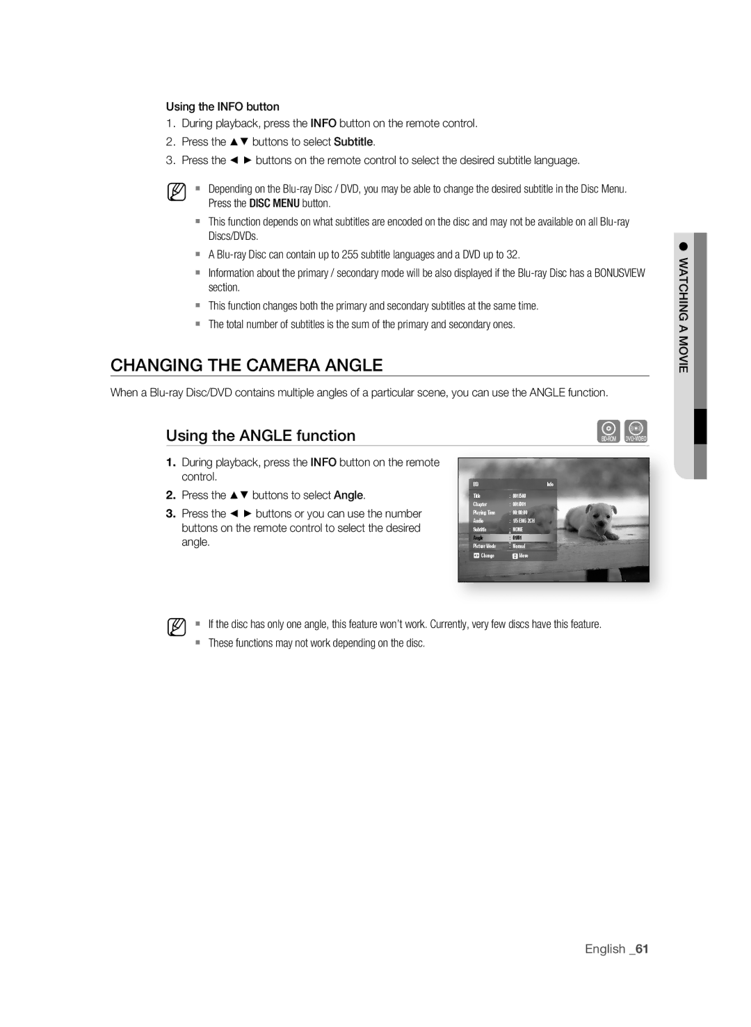 Samsung BD-P1580/EDC, BD-P1580/XEC, BD-P1580/XEF, BD-P1580/XEE manual CHanging the CaMEra angLE, Using the angLE function 