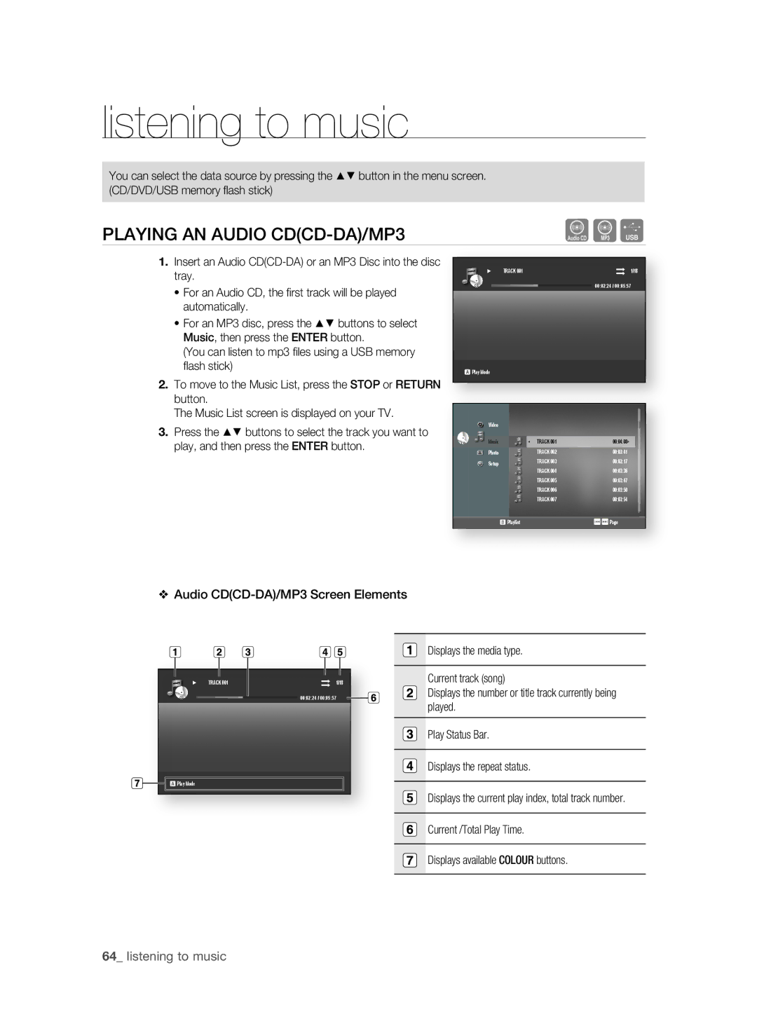 Samsung BD-P1580/XEC, BD-P1580/EDC, BD-P1580/XEF manual PLaYing an aUDiO CDCD-Da/MP3, Audio CDCD-Da/MP3 Screen Elements 