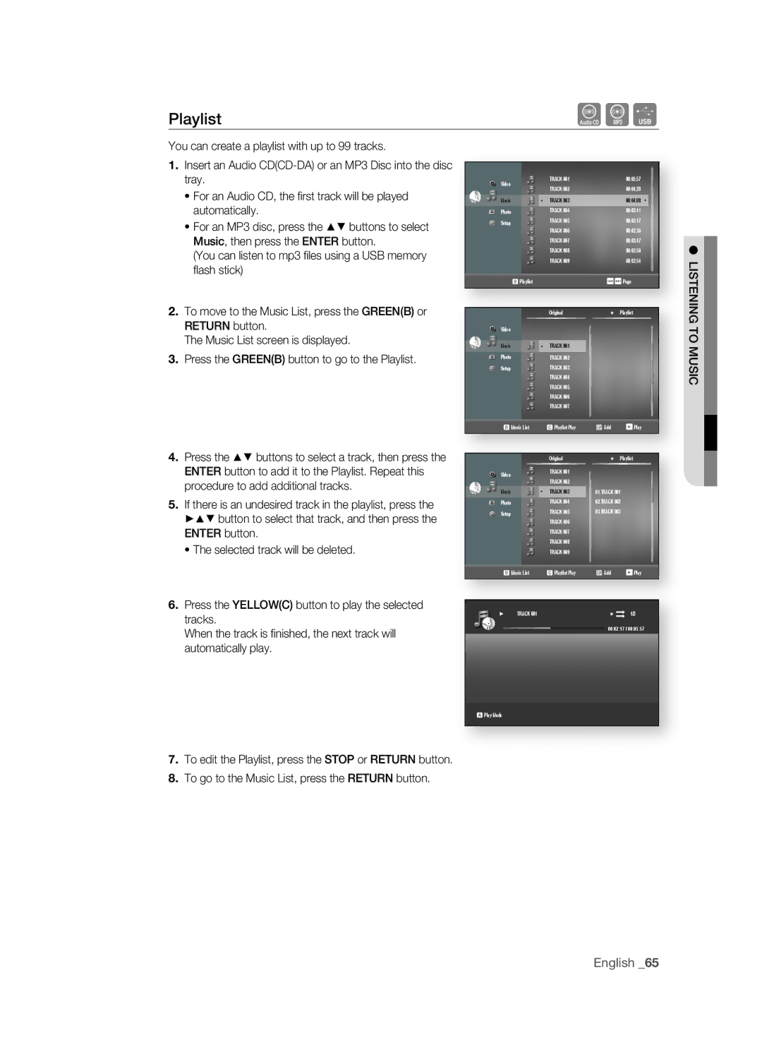 Samsung BD-P1580/EDC, BD-P1580/XEC Playlist, . Press the Yellowc button to play the selected, Tracks, Automatically play 