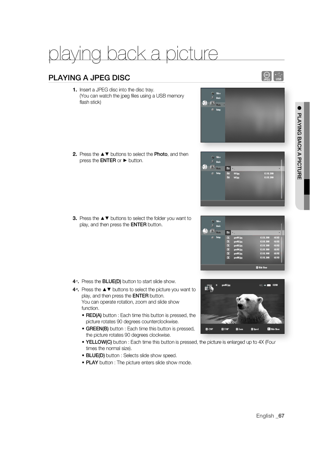 Samsung BD-P1580/XEE Playing back a picture, PLaYing a JPEg DiSC, You can operate rotation, zoom and slide show function 