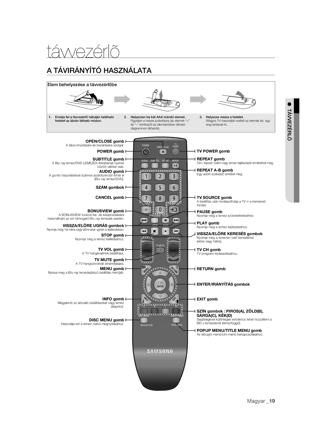 Samsung BD-P1580/XEE, BD-P1580/XEC, BD-P1580/EDC, BD-P1580/XEF manual Távvezérlõ, Távirányító használata 