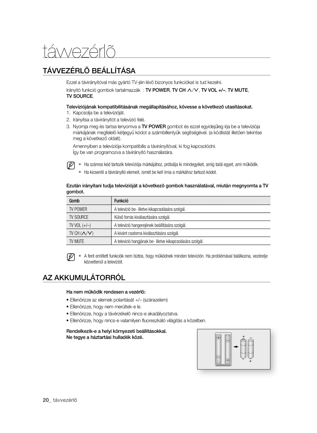 Samsung BD-P1580/XEC, BD-P1580/EDC, BD-P1580/XEF TÁVVezéRlõ beÁllítÁsA, Az AKKumulÁtORRól, TV Power, TV Source, TV Mute 